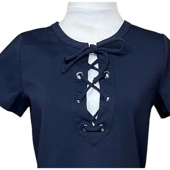 J Crew Dress Women’s Size XS Navy Blue Lace Up Front Short Sleeve Cotton Blend - Picture 4 of 8